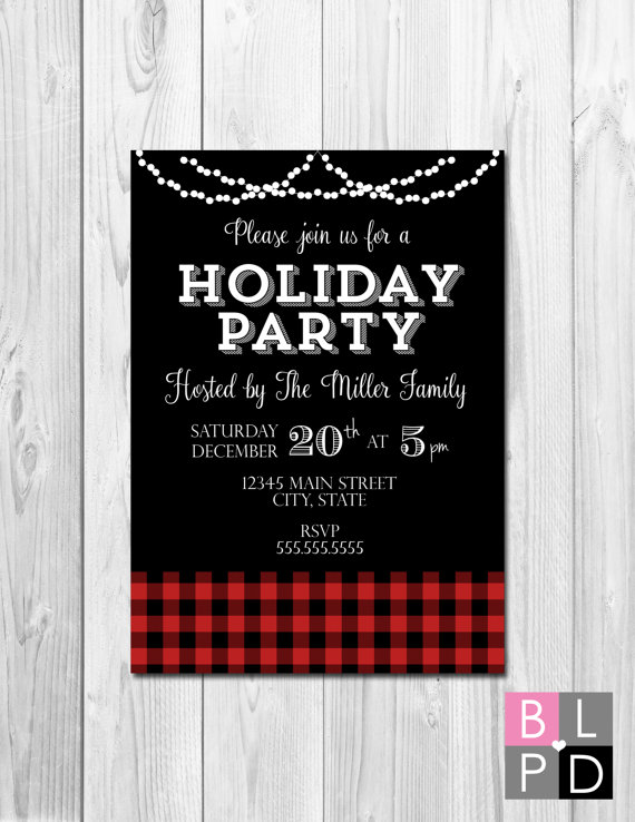 Holiday Party Invitation - Buffalo Plaid and String Lights