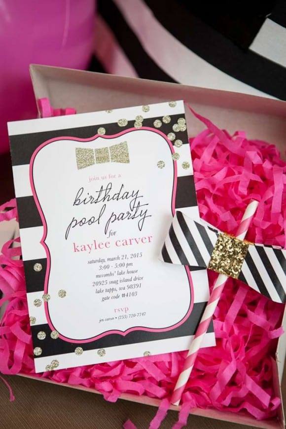 Kate Spade party ideas black and pink invitation! | Catchmyparty.com Kate Spade party ideas - black and pink invitation! | Catchmyparty.com
