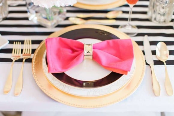 Kate Spade party ideas black and pink place setting! | Catchmyparty.com Kate Spade party ideas -- black and pink place setting! | Catchmyparty.com