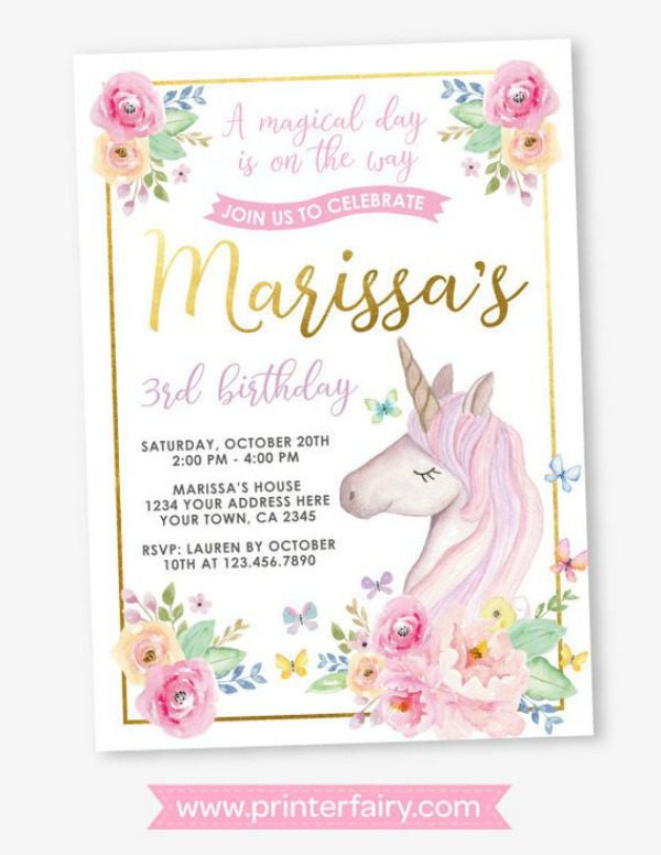 Floral Unicorn Horn Invitation Unicorn Invitation with Flowers Gold Horn Unicorn Party Invitation Unicorn Horn Invitation