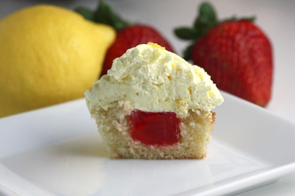 Strawberry Lemon Jello Filling Surprise Cupcake Recipe | CatchMyParty.com