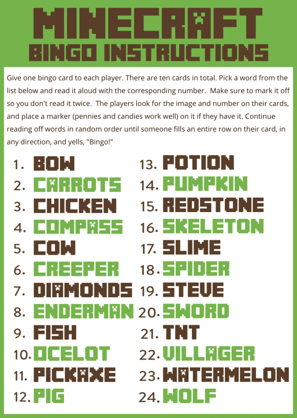 Free Printable Minecraft Bingo Game - Instructions