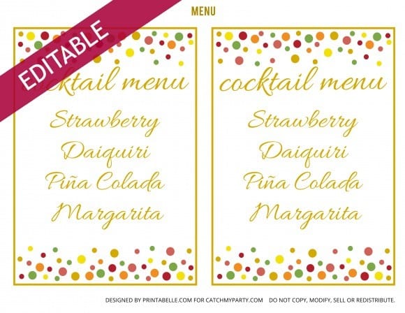 Editable Free Gold Polka Dot Party Printable Menus