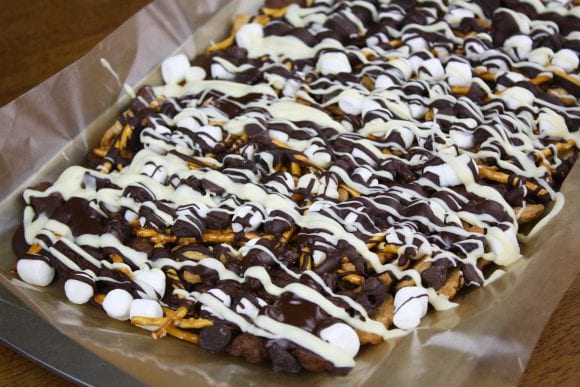 Drizzled Melted Choco Bars Over the Smores Snacks Mix | CatchMyParty.com