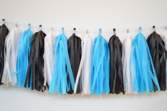 Blue, Black and White Tassel Garland | CatchMyParty.com Blue, Black and White Tassel Garland | CatchMyParty.com