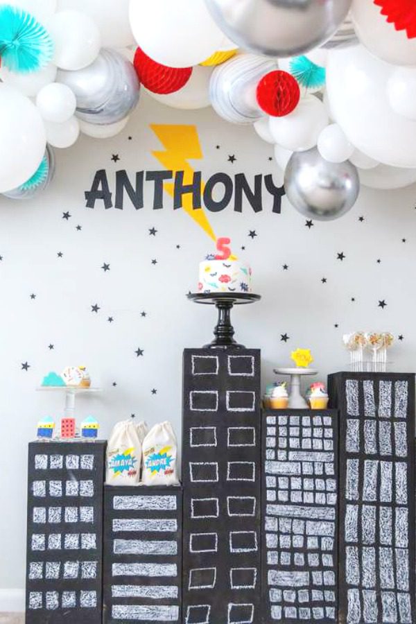 Superhero skyline dessert table