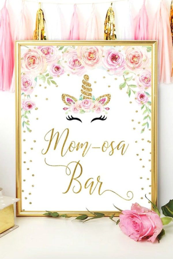 Unicorn Baby Shower Mom-osa Bar Sign | CatchMyParty.com Unicorn Baby Shower Mom-osa Bar Sign