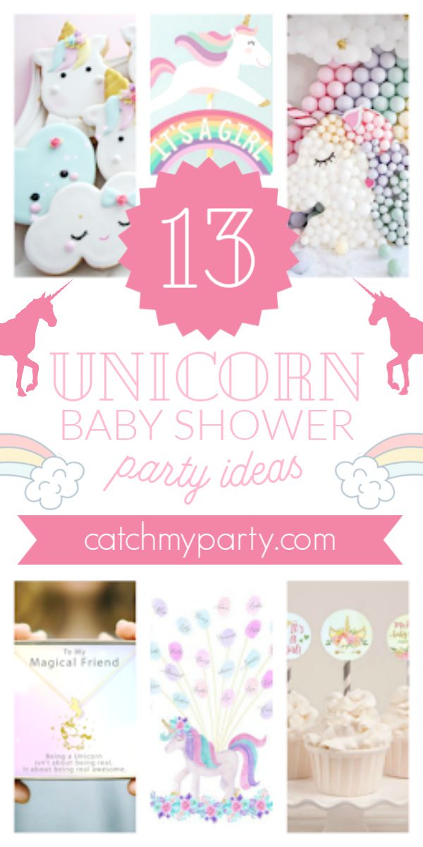 The 13 Most Beautiful Unicorn Baby Shower Party Supplies! | CatchMyParty.com Collage if the 13 most beautiful unicorn baby shower party supplies!