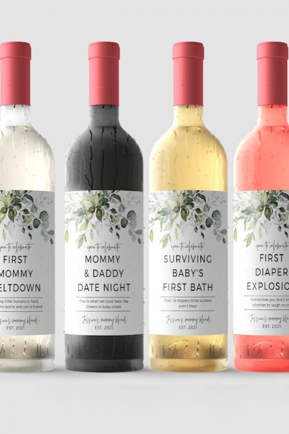 27 Gorgeous New Mom Baby Shower Gifts - New Parent Wine Bootle Labels | CatchMyParty.com New Parent Wine Bootle Labels