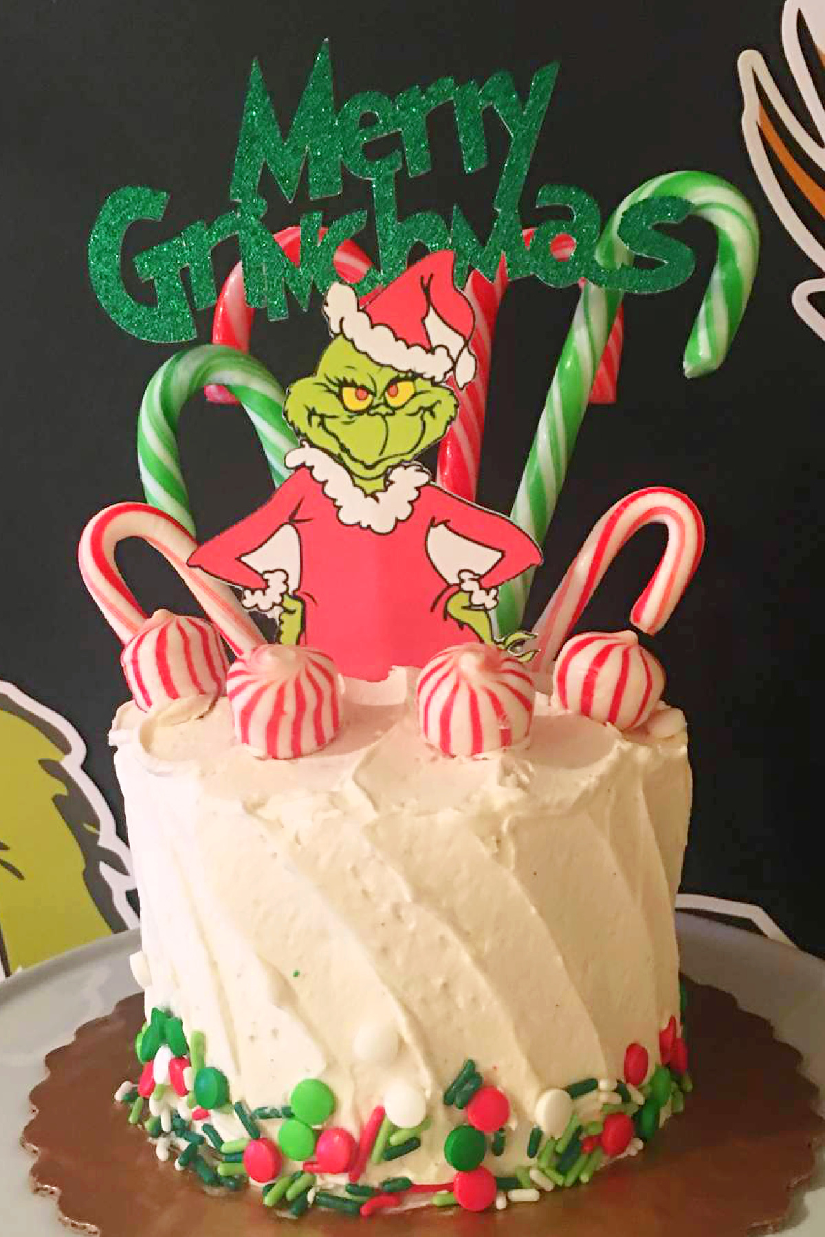 Merry Grinchmas Cake with Candy Canes and Toppers