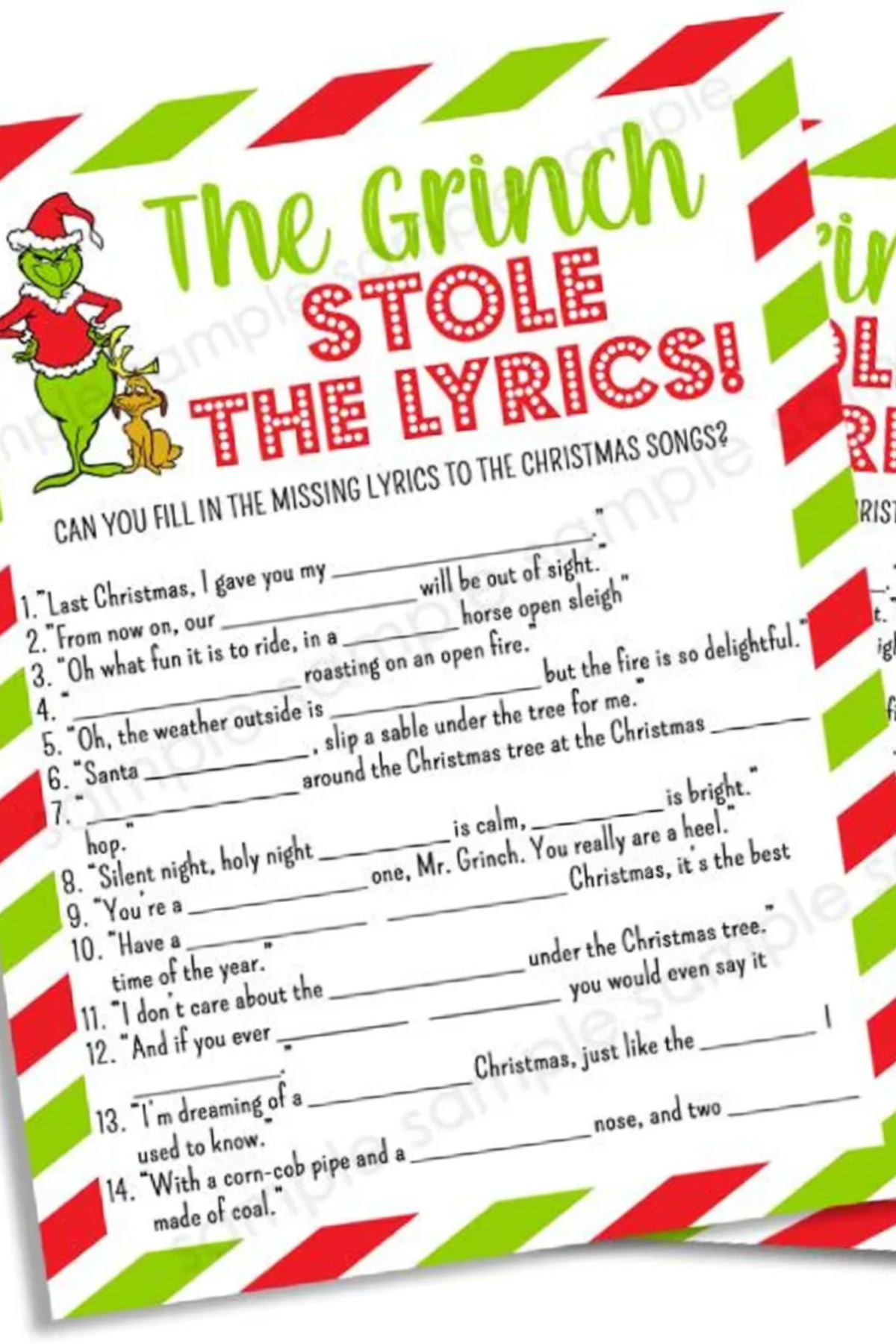 Printable Grinch Party Game – Stole the Lyrics