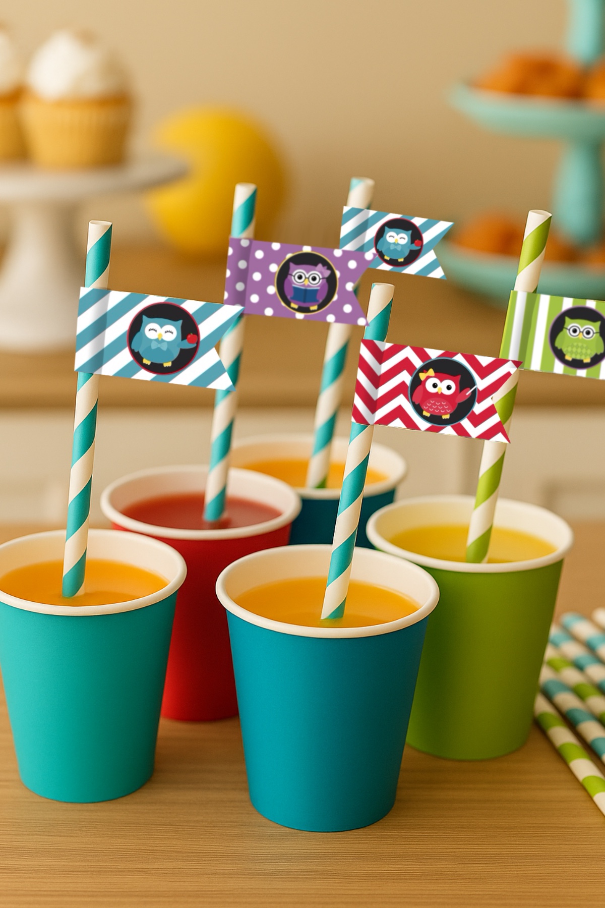 FREE Back to School Owl Straw Flags Printable