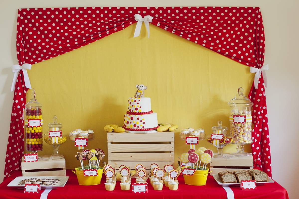 Monkey First Birthday - red and yellow polka dot monkey