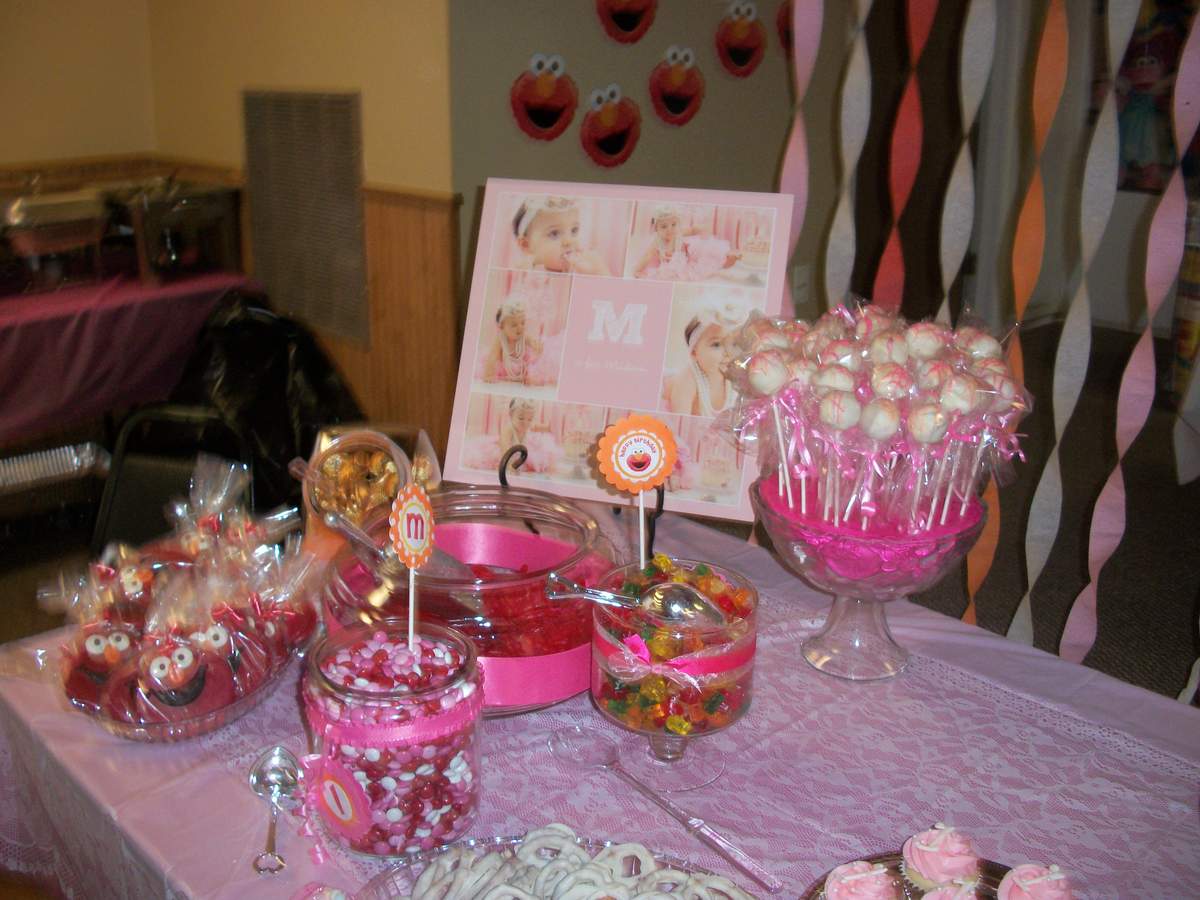 Elmo party: Madison is one!! -  pink and orange polka dot girly Elmo