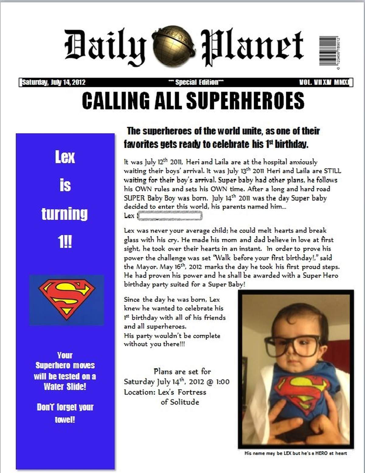 Calling all SUPERHEROES... Lex is turning ONE! - Superman, superhero