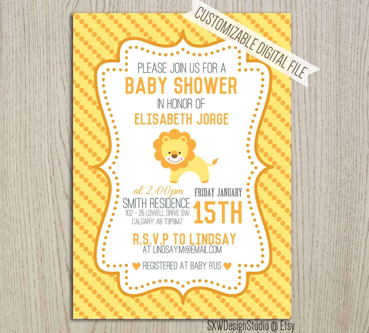 Yellow Lion Savana Polkadot Invitation for Baby Shower - It's a Girl Party Africa Animals Woodland Creature Card - DIY Printable - Lion Savana