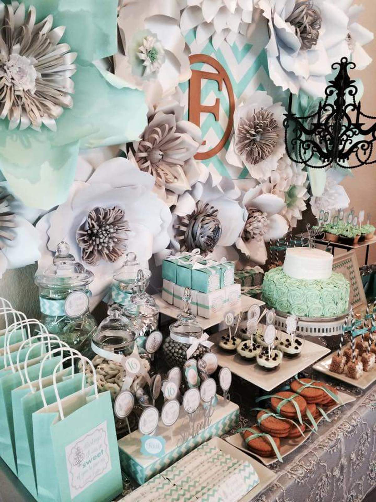 Sweet 16 - Giant Paper Flower Wall Backdrop JulsPaperie - Mint, gray, white and chevron