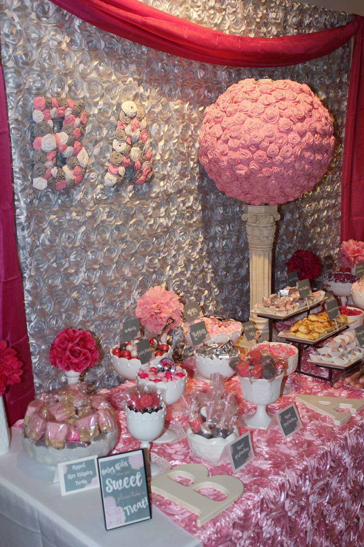 Floral, Pink, Gray, and White Baby Shower Party Ideas Photo 4 of 25
