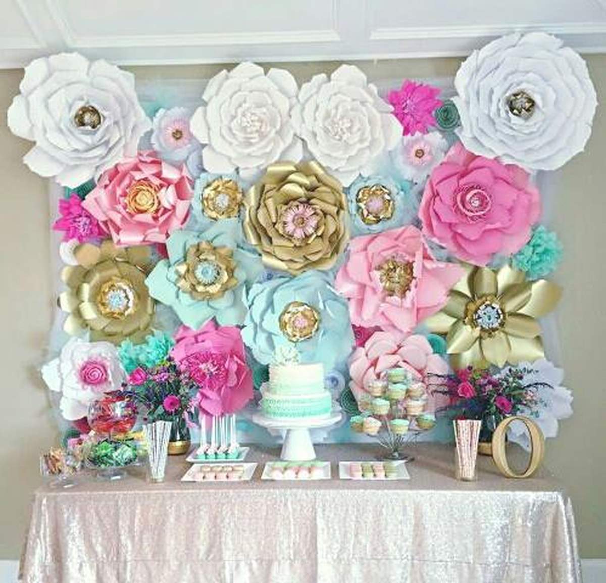 Olivia's 1st Birthday Giant Paperflower Wall JulsPaperie - Pink Mint Gold Romantic Shabby Chic