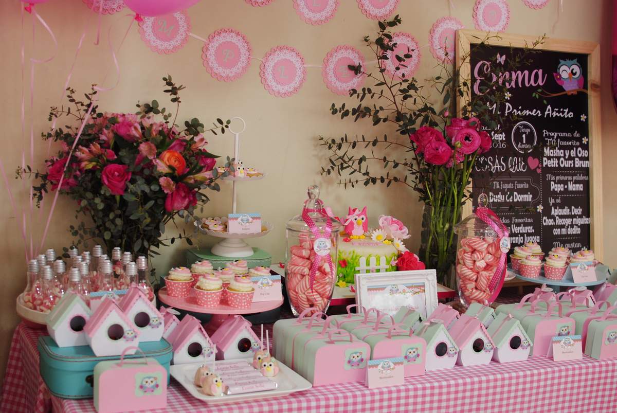Primer cumpleaños de Emma - Buhita rosa, blanco y menta