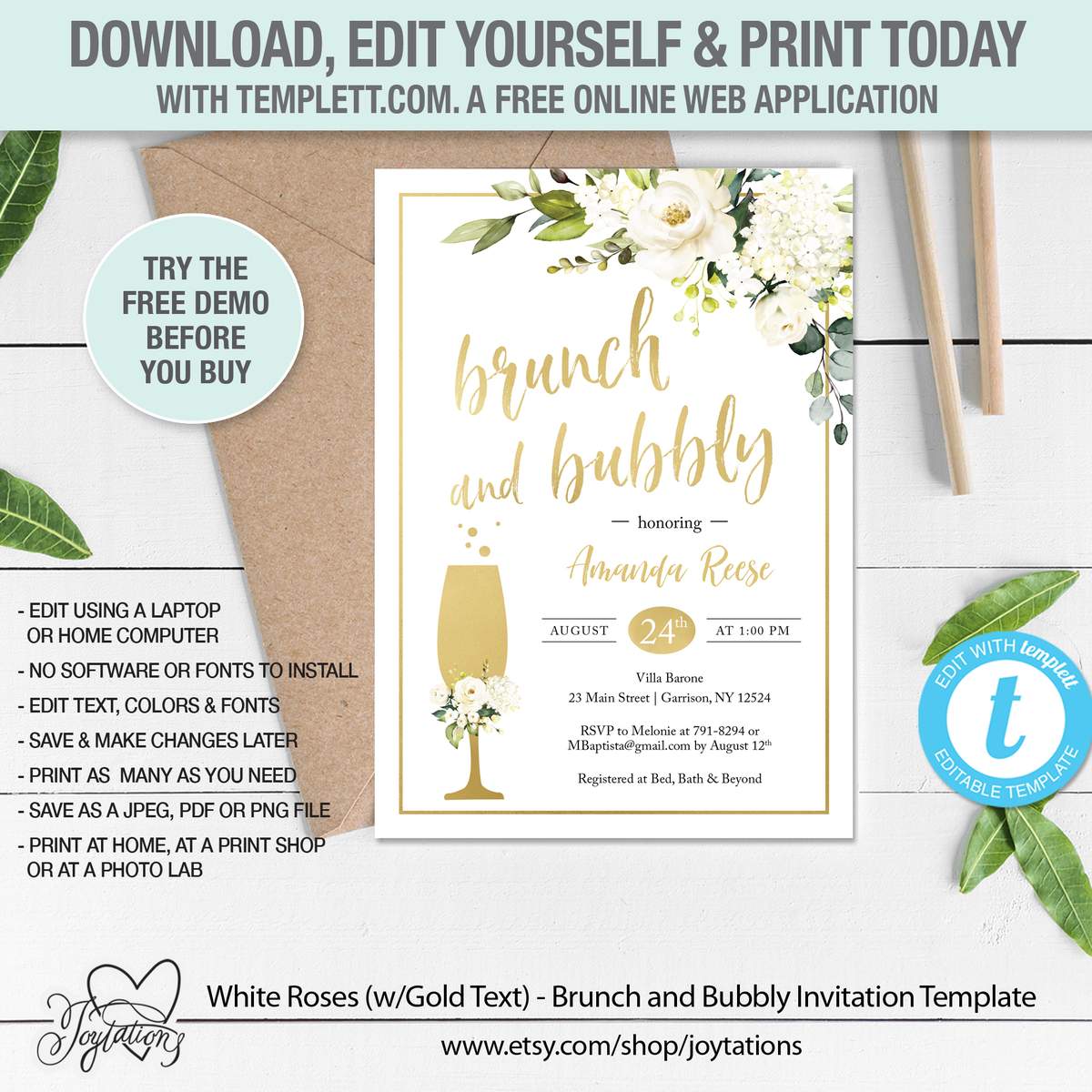 White Roses Brunch and Bubbly Invite - Flowers