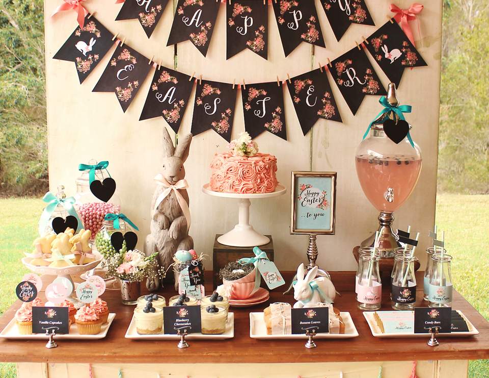 Floral Chalkboard Easter Dessert Table - Rustic easter