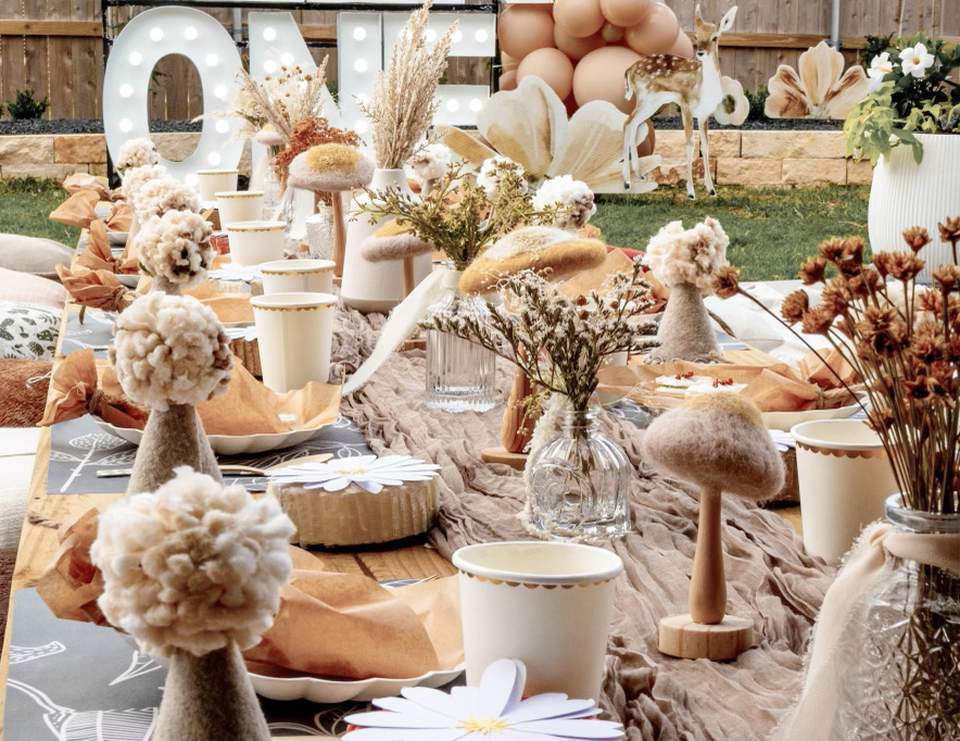 "Deer" One 1st Birthday Party - Deer, neutral mushrooms, muted wildflowers