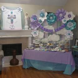 Heaven Sent, Bless This Child: paper flower backdrop JulsPaperie - Lavender, robin egg blue, white baptism