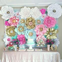 Olivia's 1st Birthday Giant Paperflower Wall JulsPaperie - Pink Mint Gold Romantic Shabby Chic